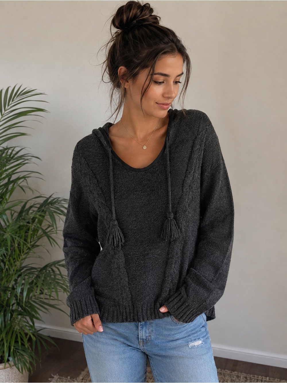 Hooded Sweater Cable Knit Tassel Sweater Jacket Charcoal Jacket American Eagle